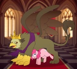 2019 absurd_res amber_eyes avian blue_eyes crown equine female feral friendship_is_magic gryphon highres horse king_grover_(mlp) male mammal my_little_pony palace pinkie_pie_(mlp) pony sex size_difference straight stunnerpony