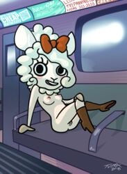 2018 aggressive_retsuko alpaca boots bow breasts camelid clothing female footwear fur furry furry_only looking_at_viewer mammal mostly_nude nipples presenting public public_transportation pussy sanrio solo straight_hair subway train tvma vehicle