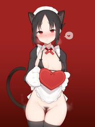 animal_ears apron arapi bangs black_bow black_bra black_hair black_legwear blush bow bow_bra box bra breasts cameltoe cat_ears cat_tail collarbone detached_collar eyebrows_visible_through_hair female folded_ponytail gift gift_box gloves gluteal_fold hair_ribbon heart heart-shaped_box holding holding_gift kaguya-sama_wa_kokurasetai_~tensai-tachi_no_renai_zunousen~ long_sleeves looking_at_viewer maid maid_headdress medium_breasts no_panties parted_bangs paw_gloves paws pubic_hair pussy_juice red_background red_eyes red_ribbon ribbon shinomiya_kaguya sidelocks simple_background solo spoken_heart standing tail thigh_gap thighhighs underwear valentine white_apron