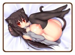 ahoge animal_ear_fluff animal_ears bangs black_legwear blush breasts brown_hair cat_ears cat_tail closed_mouth eyebrows_visible_through_hair female full_body grey_sweater hair_between_eyes large_breasts long_hair long_sleeves looking_at_viewer lying mia_flatpaddy naked_sweater nipples no_bra no_panties no_shoes on_side original red_eyes ribbed_sweater smile solo sweater syroh tail thighhighs