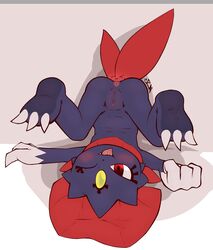 1girls 2019 absurd_res anus ass ass_up blush claws feet female female_only feral flat_chest furry hi_res mammal nintendo no_nipples nude on_back one_eye_closed paws perfectlynormal pokémon_(species) pokemon pokemon_dppt pussy red_eyes simple_background soles solo text tongue tongue_out upside-down video_games watermark weavile