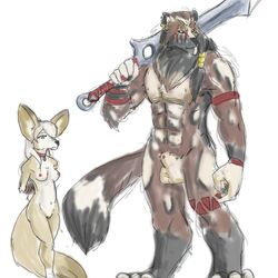 1boy 1girls acev african_wild_dog animal_genitalia anthro balls bondage bound breasts canid canine canis collar esther felid female fennec fluffy_tail fox hybrid lion male mammal melee_weapon nipples nude pantherine penis pussy scar sheath shomari slave straight sword tattoo weapon wolf