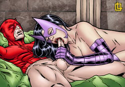 bed bedroom black_hair blanket blind bodysuit closed_eyes cunnilingus daredevil daredevil_(series) dc dc_comics fellatio gloves huntress_(dc) leandro_comics licking licking_penis looking_up lying lying_down lying_on_back marvel marvel_comics mask masked masturbation mouth muscles muscular muscular_male on_back open_mouth oral oral_masturbation oral_penetration oral_sex penis penis_grab penis_lick purple_gloves red_bodysuit sleeves stroking