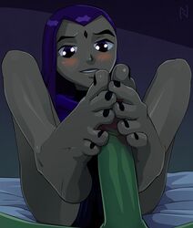 1boy 1girls barefoot beast_boy black_nails blush dc dc_comics duo faceless_male feet female foot_fetish foot_focus footjob green_skin grey_skin male male_pov nail_polish nearphotison outercourse painted_nails penis pov pov_feet purple_eyes purple_hair purple_nails rachel_roth raven_(dc) short_hair soles solo_focus straight teen_titans toenail_polish toes
