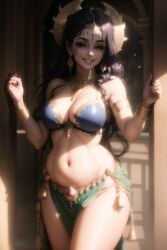 ai_generated bell belly_dancer belly_dancer_outfit black_hair blue_eyes bracelet breasts cleavage cowboy_shot dioxide earrings gold_jewelry grin headdress jewelry light-skinned_female loincloth medium_breasts mommy ruby_(gem) self_upload smile stable_diffusion