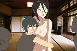 1girls aged_up artist_request big_breasts black_hair blush boruto:_naruto_next_generations breast breast_press breasts breasts_out brown_hair busty duo_focus embrace embracing female glasses human hyuuga_hanabi kaminarimon_denki large_breasts male mature_female multiple_boys naked naruto nipples nude older_female ponytail purple_eyes てりたまなう/teritama