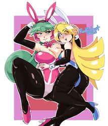 2girls big_breasts blonde_hair blue_eyes bunny_ears bunnysuit cinnamon_gaudille clothed_female eyebrows_visible_through_hair female female/female female_only green_eyes green_hair high_heels latex latex_thighhighs marino medium_breasts mega_man mega_man_x radlionheart reploid robot robot_girl yuri