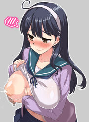 ahoge areolae black_hair blue_serafuku blue_skirt blush breasts brown_eyes eyebrows eyebrows_visible_through_hair female full-face_blush hairband headband highres inverted_nipples kantai_collection lactation large_areolae large_breasts long_hair nipples one_breast_out school_uniform serafuku skirt solo sweat ushio_(kantai_collection) white_hairband yoshi_tama