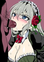 1boy arms_behind_back blue_eyes blush bow bowtie breasts cleavage collar cum cum_in_mouth cum_on_body cum_on_breasts cum_on_upper_body dark-skinned_male eyebrows eyebrows_visible_through_hair fellatio female flower frills grey_hair hair_flower hair_ornament highres large_breasts mahou_shoujo_tokushusen_asuka maid_headdress ootorii_asuka oral penis purple_background rapture_asuka red_neckwear shiny shiny_hair shiny_skin simple_background tears zasshu_nigou