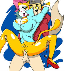 ahe_gao anthro blue_shirt canine feline felis female high_heels male male_on_female monique_pussycat orange_eyes pink_hair stranga super_fuck_friends vagina vaginal_penetration white_fur yellow_fur