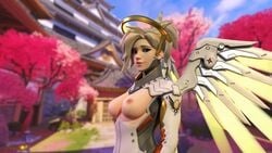 1girls 3d blizzard_entertainment blonde_hair breasts daintydjinn female female_only hanamura_(map) looking_at_viewer mercy nipples overwatch smiling_at_viewer solo