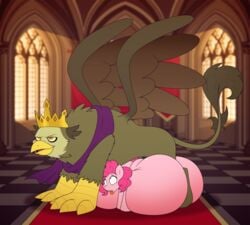 2019 absurd_res amber_eyes avian belly big_belly blue_eyes crown cum cum_inflation cumflation equine female feral friendship_is_magic gryphon highres horse hyper hyper_belly hyper_inflation inflation king_grover_(mlp) male mammal my_little_pony palace pinkie_pie_(mlp) pony sex size_difference straight stunnerpony tongue tongue_out