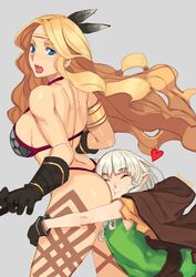 2girls absurdres amazon_(dragon's_crown) armlet ass ass_worship back bikini black_gloves blonde_hair blue_eyes blush breasts closed_eyes closed_mouth dragon's_crown elf elf_(dragon's_crown) female female_only floating_hair gloves grey_background heart highres hug hug_from_behind large_breasts long_hair looking_at_another looking_back moaning multiple_females multiple_girls nilsunna open_mouth pointy_ears silver_hair simple_background size_difference smile standing sweatdrop swimsuit tattoo tiara very_long_hair voluptuous yuri