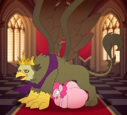 2019 absurd_res amber_eyes avian belly big_belly blue_eyes crown cum cum_inflation cumflation equine female feral friendship_is_magic gryphon highres horse hyper hyper_belly inflation king_grover_(mlp) male mammal my_little_pony palace pinkie_pie_(mlp) pony sex size_difference straight stunnerpony