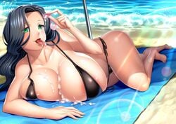 barefoot beach bikini black_hair breasts condom curvy drinking_from_condom feet female gradient_hair green_eyes highres huge_breasts licking lilith-soft long_hair looking_at_viewer lying moaning multicolored_hair naughty_face obui seductive seductive_smile seigi_no_henshin-heroine_wo_sasaeru_ore_to_aku_no_onna-kanbu shiny shiny_skin smile solo string_bikini swimsuit thick_thighs thighs thong tongue tongue_out used_condom very_long_hair wakaba_megumi