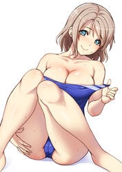 1girls areola_slip areolae big_breasts blush breasts cameltoe cleavage female female_only large_breasts looking_at_viewer love_live! love_live!_sunshine!! one-piece_swimsuit rokko solo sweat swimsuit thighs undressing watanabe_you wet