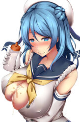 after_paizuri beret blue_eyes blue_hair blush breasts closed_mouth cum cum_on_body cum_string double_bun ejaculation_between_breasts eyebrows_visible_through_hair female hat heart heart_in_eye highres kantai_collection large_breasts looking_at_viewer neckerchief sailor_hat school_uniform serafuku simple_background smile symbol_in_eye terakoya urakaze_(kantai_collection) white_background white_hat yellow_neckwear