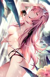 1girls black_armband breasts brown_eyes circlet fate/grand_order fate_(series) flower hand_in_hair hand_on_head kousaki_rui long_hair looking_at_viewer medb_(fate) pink_hair side_view sideboob solo sweat sweatdrop sweaty_breasts swimsuit swimsuit_pull underwear undressing white_circlet white_swimsuit