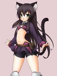 1girls animal_ear_fluff animal_ears bike_shorts bikini_top black_hair cameltoe cat_ears cat_tail clothed collar detached_sleeves female female_only flat_chest front_view green_eyes how_not_to_summon_a_demon_lord inner_ear_fluff kneehighs long_hair miniskirt motonaga_hiroya navel nipple_bulge no_panties open_mouth outstretched_arms purple_skirt rem_galleu skirt solo standing tail very_long_hair