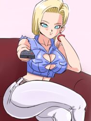 1girls android_18 belt blonde_hair blue_eyes bracelet breasts cleavage couch curvaceous curvy dragon_ball dragon_ball_z earring female female_only huge_ass huge_breasts jeans loose_shirt milf pinkpawg short_hair sleeveless_shirt solo tv_remote voluptuous wide_hips