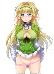 1girls aqua_eyes blonde_hair blush boob_window bracelet breasts cleavage cleavage_cutout collar elf female female_only gloves gluteal_fold highres how_not_to_summon_a_demon_lord ison jewelry large_breasts lifted_by_self long_hair looking_at_viewer metal_collar nipple_bulge open_mouth panties pink_panties pointy_ears revealing_clothes shera_l_greenwood signature simple_background skimpy skirt skirt_lift solo standing thighhighs underwear white_background