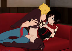 black_eyes black_hair blonde_hair blue_eyes bottomless breasts clothed_sex female jaune_arc male necromalock no_bra no_panties no_shoes penis pussy red_hair red_highlights ruby_rose rwby sex silver_eyes straight tagme thighhighs vaginal_penetration wet