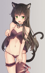 1girls animal_ears babydoll black_hair black_thong blush breasts cat_ear_panties cat_ears cat_girl cat_lingerie cat_tail collar cowboy_shot cute_fang eyebrows_visible_through_hair female female_only flat_chest gluteal_fold green_eyes hair_between_eyes highres how_not_to_summon_a_demon_lord inner_ear_fluff kemonomimir_between_eyes leg_garter lingerie long_hair looking_at_viewer meme_attire metal_collar navel open_mouth panties rem_galleu rhineheim shirt_lift sidelocks skindentation small_breasts solo standing tail tentacle tentacle_in_clothing tentacle_pull thigh_gap thigh_strap thighhighs thong torn_clothes torn_legwear torn_thighhighs