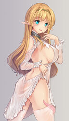 1girls ass big_ass blonde_hair blush braid breasts collar dress elf eyebrows_visible_through_hair female female_only green_eyes green_panties highres how_not_to_summon_a_demon_lord huge_breasts humanoid lifted_by_self long_hair looking_at_viewer metal_collar navel nipples_visible_through_clothing no_bra panties pointy_ears rhineheim see-through shera_l_greenwood sideboob simple_background solo standing tentacle tentacle_under_clothes thighhighs underboob underwear undressing white_background