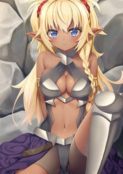 1girls armor bangs bare_arms bike_shorts bikini_armor blonde_hair blue_eyes blush braid breasts cleavage collarbone dark_skin edelgard eyebrows_visible_through_hair greaves hair_ornament hair_scrunchie highres how_not_to_summon_a_demon_lord knee_up long_hair medium_breasts navel noshimasa pointy_ears pout red_scrunchie rock scrunchie short_shorts shorts sidelocks single_braid sitting solo waist_cape