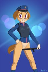 2019 anthro anthrofied blush bottomless brown_fur canid canine canis clothed clothing devo87 domestic_dog female fur hat looking_at_viewer mammal multicolored_fur nightstick open_mouth paw_patrol pink_eyes police_hat police_uniform pussy skye_(paw_patrol) solo teeth tongue two_tone_fur uniform