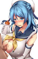 beret blue_eyes blue_hair blush breasts double_bun eyebrows_visible_through_hair female hat heart heart_in_eye highres kantai_collection large_breasts looking_at_viewer neckerchief paizuri penis sailor_hat school_uniform serafuku simple_background symbol_in_eye terakoya urakaze_(kantai_collection) white_background white_hat yellow_neckwear