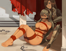 2girls armor arms_behind_back barefoot blue_eyes bondage bound bound_ankles bound_arms bound_legs brown_hair chains cleave_gag cloth_gag clothed_female_nude_female corrin_(fire_emblem) corrin_(fire_emblem)_(female) elf feet female female_only female_protagonist femdom femsub fire_emblem fire_emblem_fates gag gagged hairband improvised_gag lauren_(franky62009) long_hair looking_at_viewer multiple_girls nipples nude rainnear red_eyes red_rope restrained rope silver_hair tied_up toenails