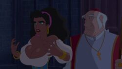 archdeacon bedaxe big_hair black_hair breast_suppress bursting_breasts clavicle cleavage cleric clothing collar_bone dark_hair disney edit esmeralda full_cleavage green_eyes gypsy hair_band hoop_earrings priest red_lipstick screenshot screenshot_edit the_hunchback_of_notre_dame