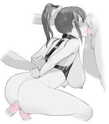 amanekuu anal arm_held_back arms_behind_back ass black_and_white blush bondage_outfit breasts censored closed_eyes double_penetration fellatio female holding holding_hair large_breasts long_hair monochrome multiple_penises nipples open_mouth oral original penis sex simple_background solo_focus spot_color straight vaginal_penetration white_background