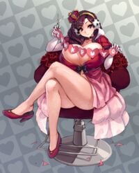 1girls armchair ass bangs beryl_(junkpuyo) black_ribbon breasts bursting_breasts choker classy cleavage commentary crossed_legs crown dress earmuffs elbow_gloves female female_only full_body full_cleavage gloves heart heart_background heart_choker high_collar high_heels highres huge_breasts junkpuyo legs legs_crossed long_hair long_skirt looking_at_viewer navel original purple_eyes purple_hair red_dress red_footwear ribbon roses scissors shoe_dangle showgirl_skirt sitting skirt smile solo streaked_hair swept_bangs thick_thighs thighs valentine