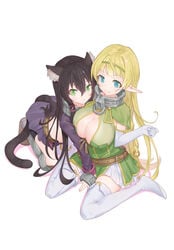 2girls absurdres animal_ears aqua_eyes bike_shorts black_hair blonde_hair blue_eyes blush breasts cat_ears cleavage collar duo elbow_gloves elf female female_only gloves green_eyes hair_between_eyes hairband highres how_not_to_summon_a_demon_lord huge_breasts humanoid inner_ear_fluff kneeling koromo_take long_ears long_hair looking_at_viewer midriff multiple_girls pointy_ears rem_galleu shadow shera_l_greenwood simple_background smile tail wariza white_background white_gloves