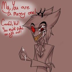 1boy alastor_(hazbin_hotel) antlers chordata_sinner clothing cum demon empty_eyesocket english_text hazbin_hotel horn male_only missing_eye monochrome sharp_teeth simple_background smile smooth_skin suit teeth vivienne_medrano yellow_teeth