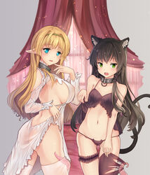 2girls absurdres animal_ears ass babydoll big_ass black_hair blonde_hair blush braid breasts cat_ear_panties cat_ears cat_lingerie cat_tail collar cowboy_shot cute_fang dress elf eyebrows_visible_through_hair female female_only flat_chest gluteal_fold green_eyes green_panties hair_between_eyes hairband highres how_not_to_summon_a_demon_lord huge_breasts humanoid inner_ear_fluff large_breasts leg_garter lifted_by_self lingerie long_hair looking_at_viewer meme_attire metal_collar multiple_girls navel no_bra open_mouth panties pointy_ears rem_galleu rhineheim see-through shera_l_greenwood shirt_lift sideboob sidelocks simple_background skindentation small_breasts standing stripped_by_tentacles tail tentacle tentacles_under_clothes thigh_gap thigh_strap thighhighs torn_clothes torn_legwear underboob underwear undressing white_background