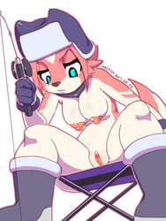 anthro areola blue_eyes boots breasts canid canine clothing female fishing footwear fox fur hair headwear kaitou kemono mammal nipples pink_fur pink_hair pussy rel simple_background sitting solo