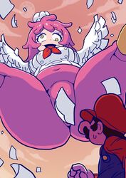 animal_humanoid ass avian avian_humanoid convenient_censoring cookatiel derp_eyes eyeshadow feathers female hair humanoid makeup male mario mario_(series) moon nintendo pink_feathers pink_hair super_mario_odyssey sweat video_games white_feathers yellow_skin yoshino_norihito