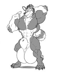 animal_genitalia anthro balls big_balls canid canine canis domestic_dog fully_sheathed greyscale hewge huge_balls hyper hyper_balls hyper_sheath male male_only mammal monochrome muscular muscular_male nipples nude pecs sheath smile solo standing