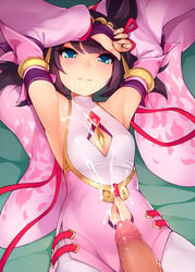 1boy 1girls arms_above_head bed black_hair blue_eyes blush breasts china_dress cleavage clothed clothed_female cum cum_on_body cum_on_breasts cum_on_clothes cum_on_lower_body cumshot cygames dragalia_lost female green_eyes kerasu light_skin lin_you looking_at_viewer male nintendo offscreen_character on_back penis petite ricegnat small_breasts