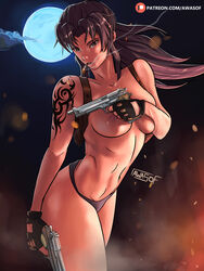 1girls art_with_a_side_of_fries awasof big_breasts black_lagoon breasts brown_eyes cigarette female female_only fire gun long_hair moon nipples panties purple_hair revy smoking solo tattoo thong topless