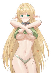 1girls absurdres blonde_hair blush braid breasts chabenmus collar cowboy_shot crop_top elf eyebrows_visible_through_hair female female_only front_view green_eyes green_panties highres how_not_to_summon_a_demon_lord huge_breasts humanoid large_breasts lifted_by_self long_ears long_hair looking_at_viewer metal_collar navel no_bra panties pointy_ears shera_l_greenwood shirt shirt_lift simple_background solo standing twin_braids underboob underwear undressing very_long_hair white_background