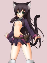 1girls animal_ear_fluff animal_ears areolae black_hair cameltoe cat_ears cat_tail collar detached_sleeves female female_only flat_chest front_view functionally_nude green_eyes hairless_pussy how_not_to_summon_a_demon_lord inner_ear_fluff kneehighs long_hair miniskirt motonaga_hiroya navel nipples no_panties open_mouth outstretched_arms purple_skirt pussy rem_galleu skirt solo standing tail very_long_hair