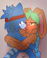 1boy 1girls ambiguous_penetration animated anthro blue_hair breasts duo embrace eyelashes feet female furry green_hair hair half-closed_eyes headband kissing krazyelf lagomorph leg_hug leg_lock lifted male mammal original_character penetration rabbit sex sonic_(series) straight testicles text tongue tongue_out unknown_species watermark