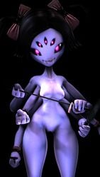 2019 3d 4_fingers 6_arms absurd_res anthro arachnid arthropod black_hair bottomless breasts fangs female hair hi_res looking_at_viewer muffet multi_arm multi_eye multi_limb nipples nude partially_clothed pussy saygoodbye-sfm smile solo source_filmmaker spider thigh_highs twintails undertale video_games