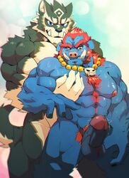 2019 2boys 4_fingers abs anthro anthrofied ashendawger balls blue_eyes body_hair canid canine canis chest_hair domestic_pig duo erection front_view fur ganon gay grey_fur hair humanoid_penis jewelry looking_at_viewer male male_only mammal muscular muscular_male necklace nintendo nipples pecs penis pubes red_hair sharp_teeth smile standing suid suina sus_(pig) sweat teeth the_legend_of_zelda twilight_princess video_games wolf wolf_link yaoi