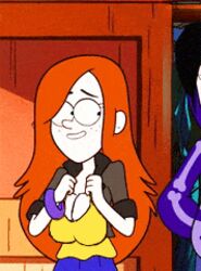 accurate_art_style animated bottomwear bouncing_breasts breast_expansion breasts cleavage clothing edit female flannel freckles gravity_falls huge_breasts light_skin orange_hair red_hair sagging_breasts screenshot screenshot_edit smooth_animation smooth_skin wendy_corduroy yetig