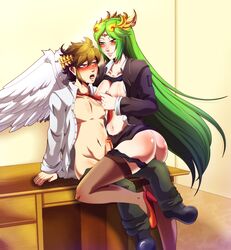 1boy 1boy1girl 1girls absurdres ass big_breasts blue_eyes blush breasts brown_hair female femdom green_eyes green_hair high_heels kid_icarus kid_icarus_uprising long_hair male nintendo nipples open_mouth palutena panties_aside pants_down pantyhose penis pit pit_(kid_icarus) pussy queen-zelda school_uniform seductive shoes short_hair smile sweat teacher_and_student undressing wings